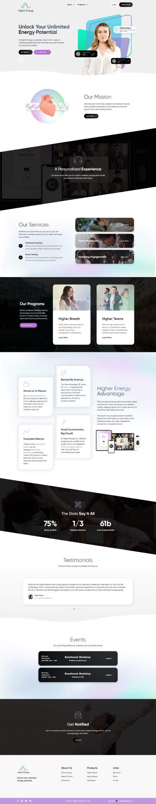 Higher Energy: the finished website, full page