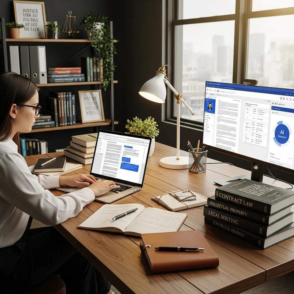 Content creator drafting AI-assisted legal content in a modern workspace—technology meets practice